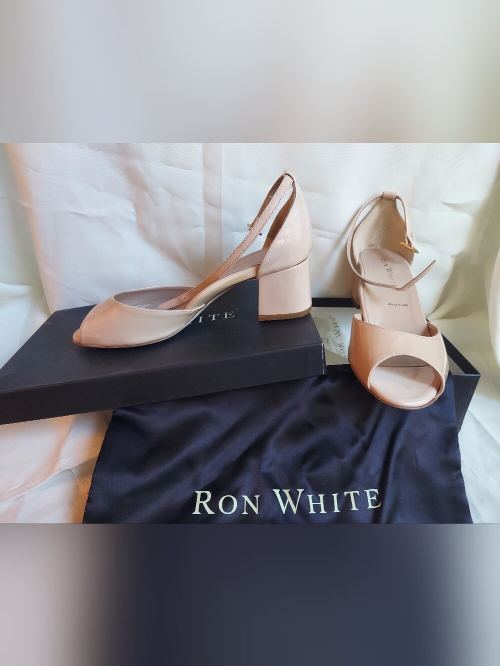 Ron White Blush/Nude Pink Patent Peep-Toe Block Heel Sandals Ankle Strap EU 38